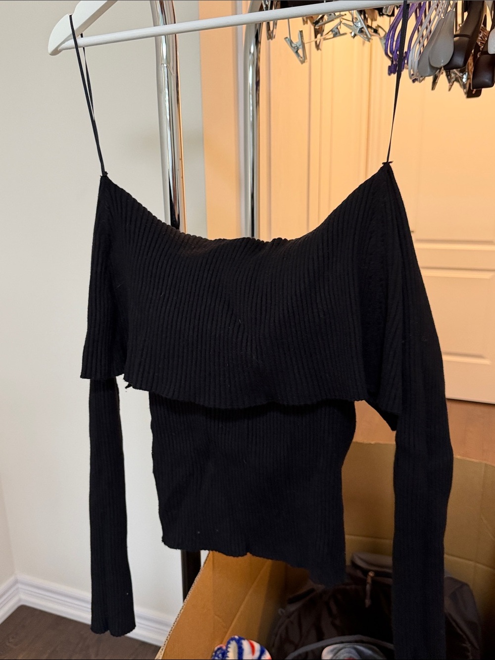 Zara Black Ribbed Off-Shoulder Long Sleeve Top